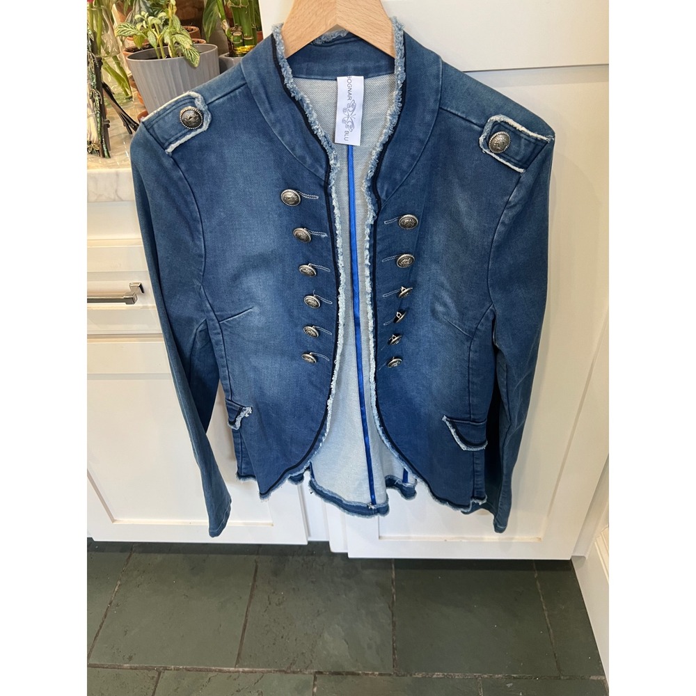 Bognar $440 Denim Military Jacket Silver Crest Button Blazer Blue Frayed Edge